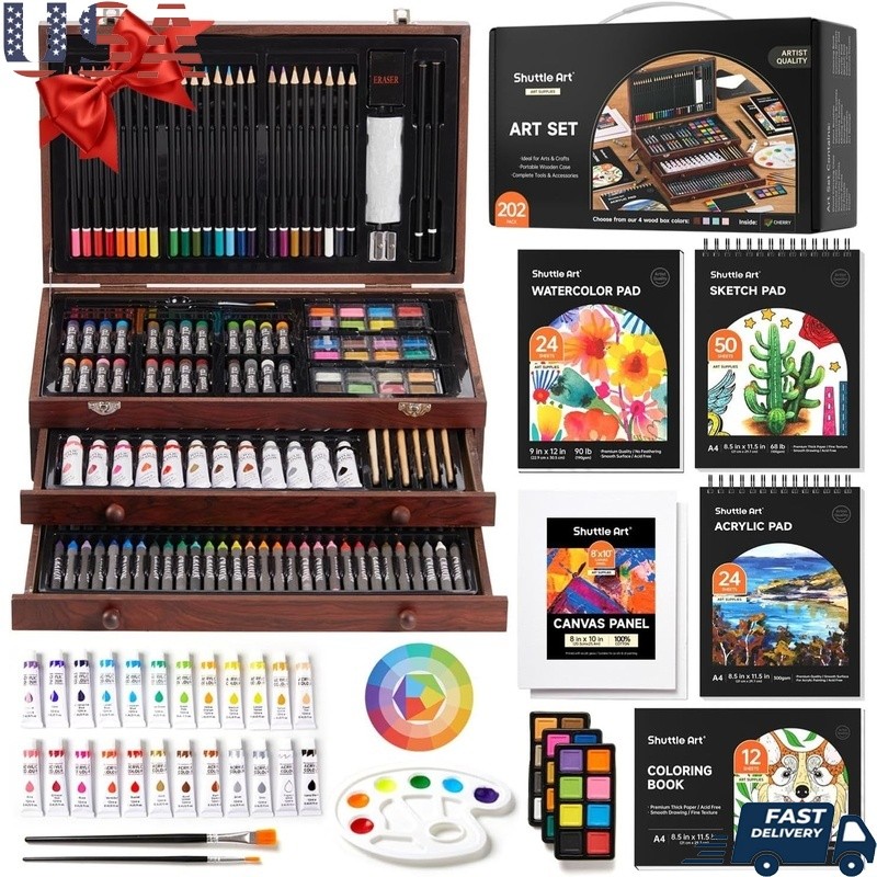 Deluxe Wooden Art Set Gift Kit Crayons Paints Pencils Brushes Supplies Kids