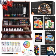 Deluxe Wooden Art Set Gift Kit Crayons Paints Pencils Brushes Supplies Kids