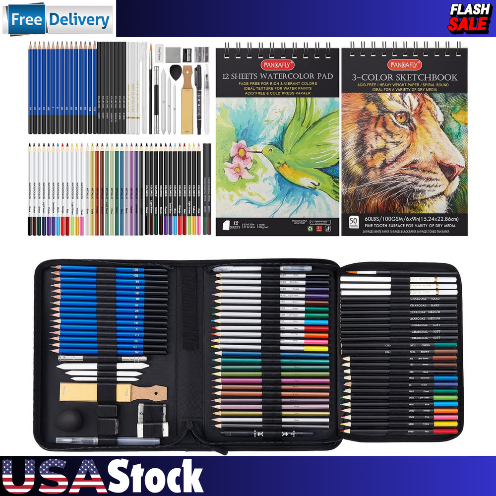 80 Pack Drawing Set Sketching Kit, Pro Art Supplies with 3-Color Sketchbook