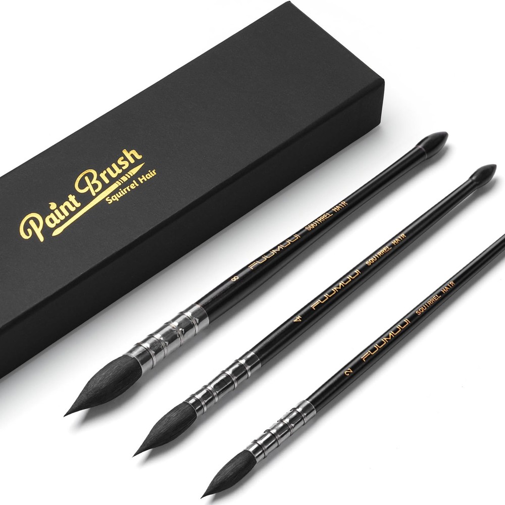 3PCS Squirrel Hair Watercolor Brushes, Professional Mop Round Quill Detail Fi…