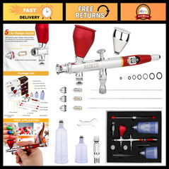 Dual-Action Gravity Feed Airbrush Set, 0.2/0.3/0.5mm Nozzles & Replacement Cups