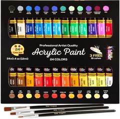 Acrylic Paint Set Canvas Art Paints 24 Colors (0.41oz,12 ml）with 3 Brushes
