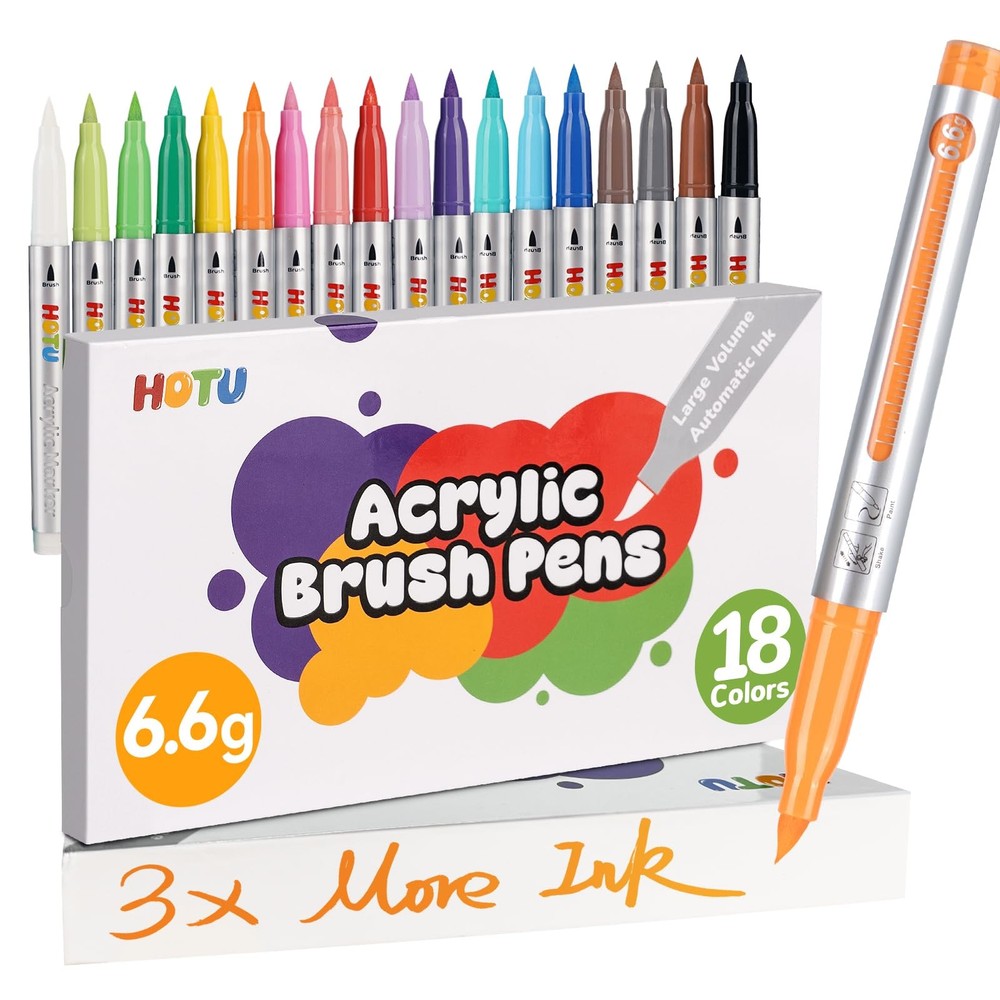 Long Lasting Acrylic Paint Markers Brush Tip 18 Colors, Automatic Ink Control…