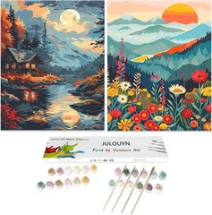 2 Pack Paint by Numbers Kit 16×20 Canvas Cabin Lake & Flower Mountain Landscape