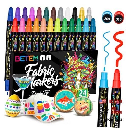 24 Colors Dual Tip Acrylic Paint Markers, Fabric 24 Colors Paint Markers
