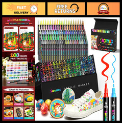 100 Acrylic Paint Markers – Dual Tip Fine & Brush Pens for Fabric, Rock, Wood, D