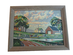 Vintage 1950ish Paint by Number PBN Farm Scene Framed 14″ by 18″ ~ Wormwood (G)