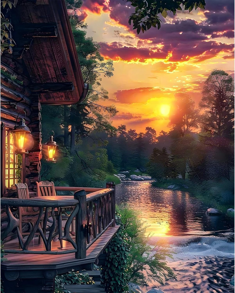 Paint by Numbers Kit for Adults – Sunset Cabin Adult Paint by Number Kits