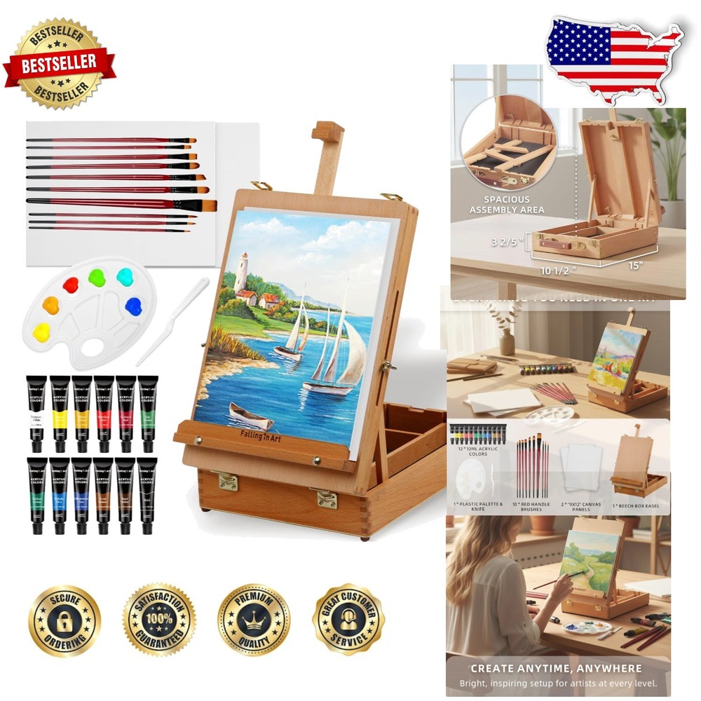 Beechwood Easel Box with 27 Pc Acrylic Paint Set – Professional Art Kit