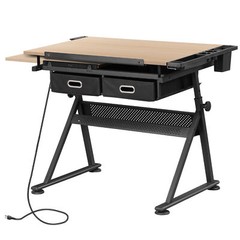 Drafting Drawing Table Tabletop Adjustable Height with Charge Outlet Natural