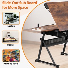 Adjustable Drafting Drawing Table Craft Tiltable Tabletop with Stool & Outlet