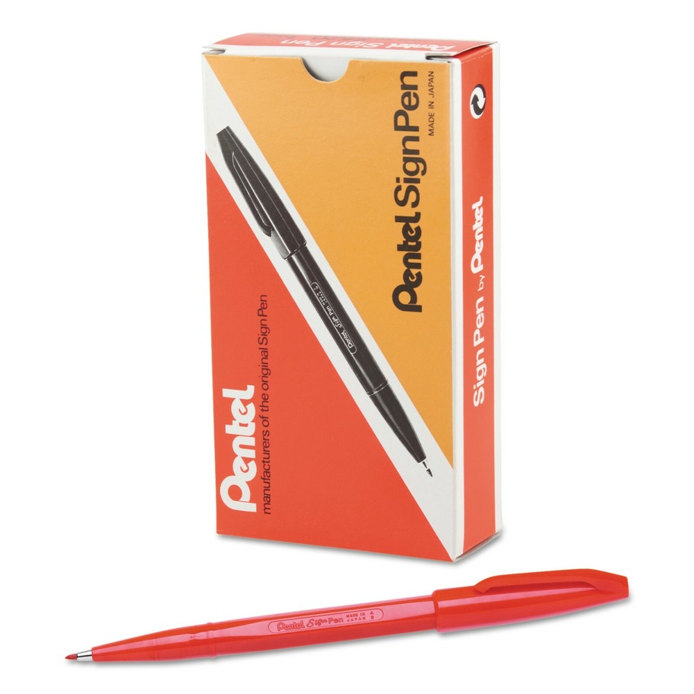 S520-B Pentel Sign Pen Stick Marker, Fine Point, Red Ink, Pack of 12