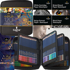 Castle Art Supplies Gold Standard 120 Coloring Pencils Set with Extras, Oil-Base