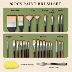 26 Pcs Paint Brush Set Watercolor Acrylic Flat Round Fan Brushes Palette Knfe