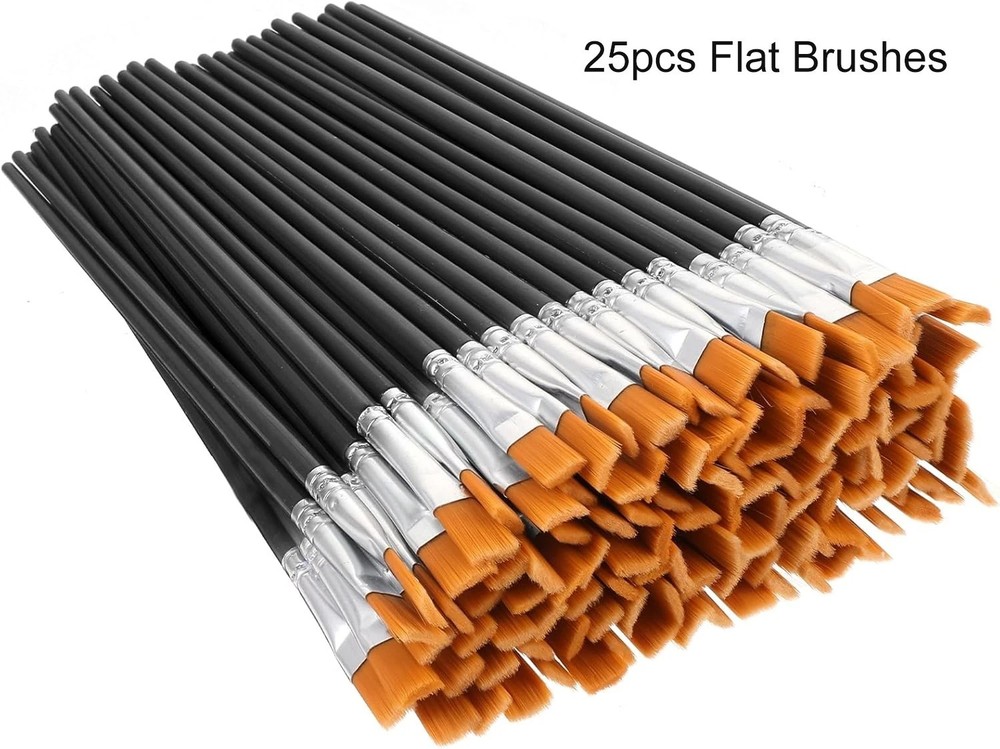 25 PCS Flat Paint Brush Set Nylon Hair Brushes Acrylic Oil Watercolor Paint US