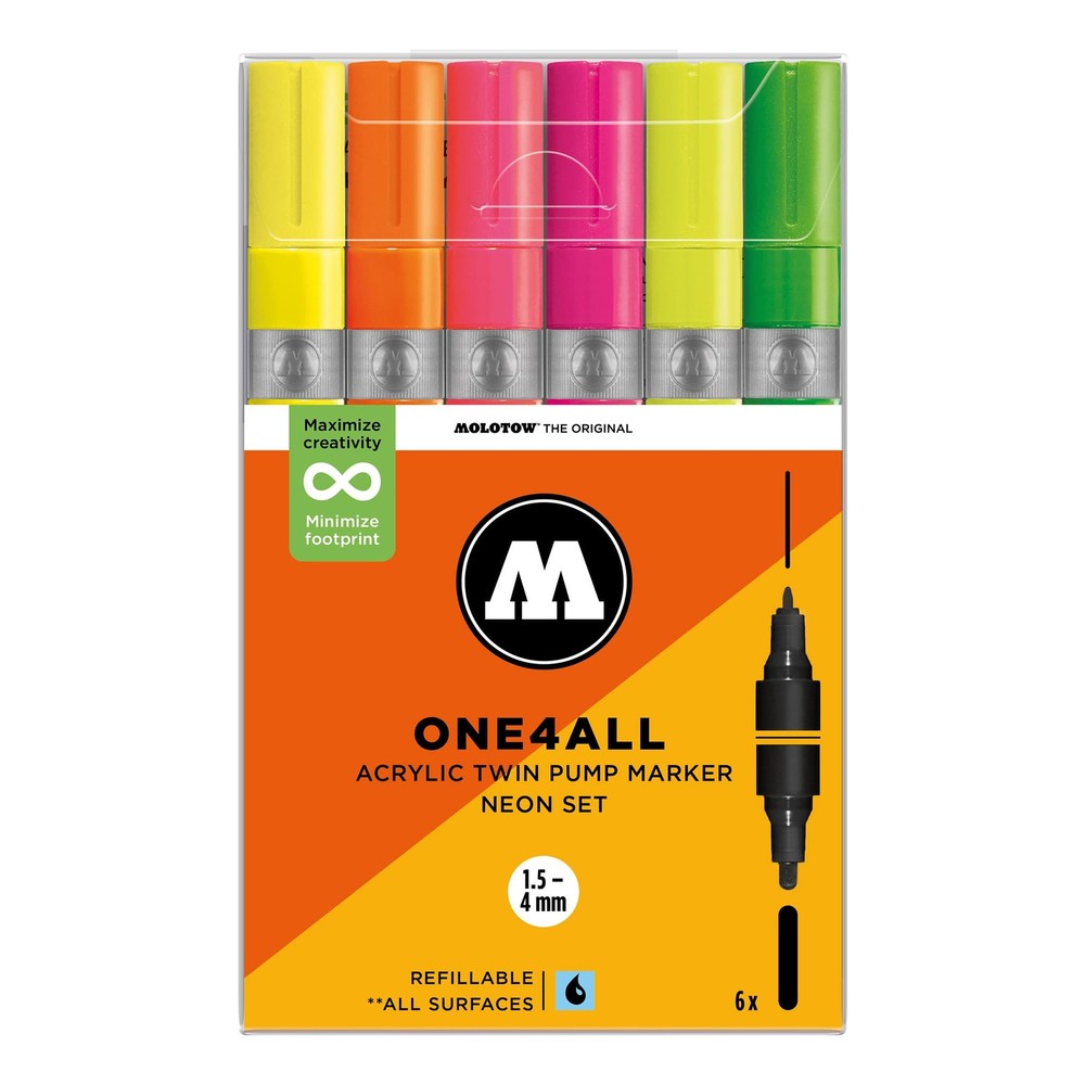 Molotow One4All Acrylic Twin Marker 224 Neon Set (6 Markers) – Twin Tip