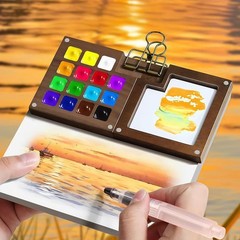 Compact Watercolor Travel Paint Set with Palette, 2 Sketchbooks, 24 Colors & Bru