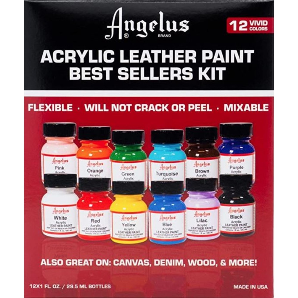 Angelus Acrylic Leather Paint Best Sellers Kit (12 Colors / 1 oz) New!!!