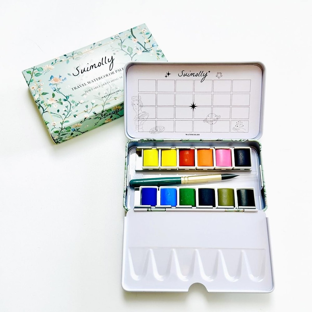 Suimolly Watercolor Paint Set, 12 Colors Half Pans with Brush, Travel Portabl…
