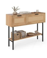 Natural Rattan Console Table with Storage Cabinets & Open Shelf, 40 Inch Entrywa
