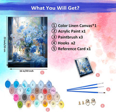 Blue Flowers in Window Paint by Numbers Kit for Adults, Landscape Adult Paint by