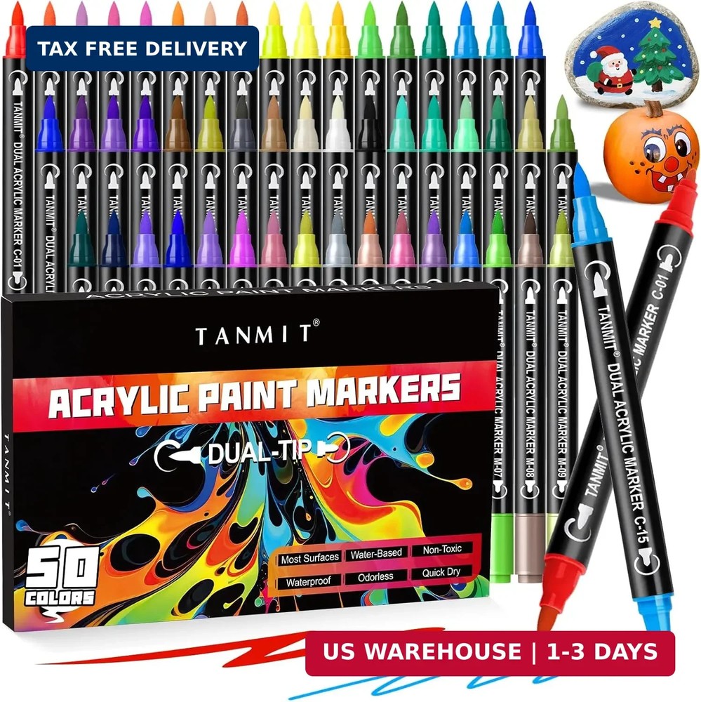 50 Colors Acrylic Paint Markers, Dual Tip Acrylic Paint Pens with Fine Tip and B