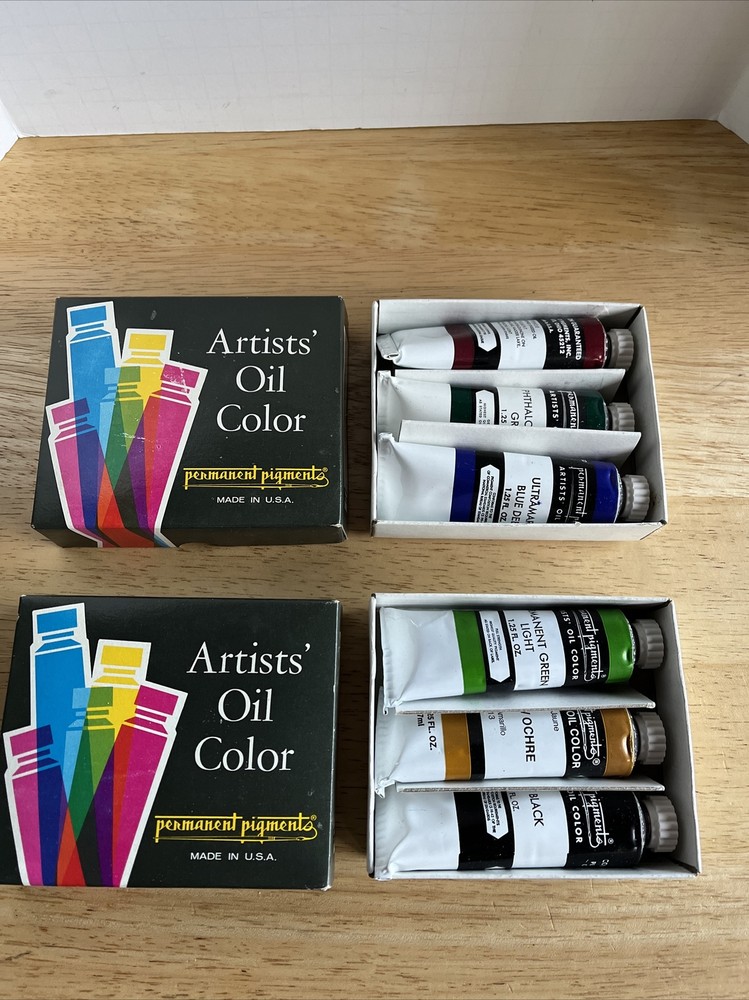 2 NOS Vintage Permanent Pigments Assorted Oil Color Paint (6) 1.25 Oz.