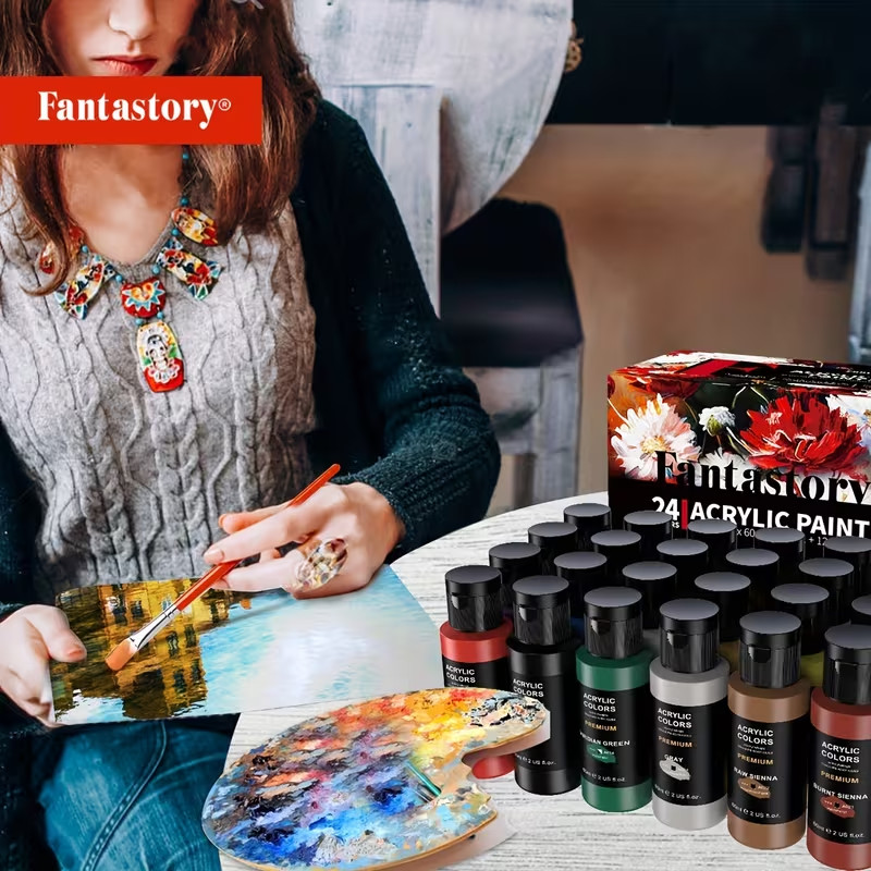 Acrylic Paint Set 24 Colors 2 oz/Bottle with 10 Art Brushes Art Supplies