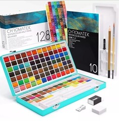 CHROMATEK Watercolor Paint Set, 128 Vivid Colors in Portable Box With Pad, Brush