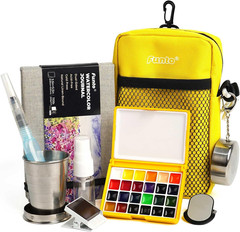 Funto Mini Watercolor Paint Set, All-In-One 24-Color Travel Paint Kit, with Cros