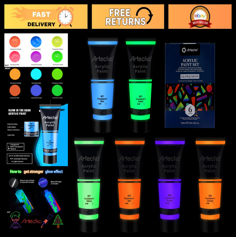 Glow in the Dark Acrylic Paint Set – 6 Colors, 120ml for Art, Craft, Canvas, Woo