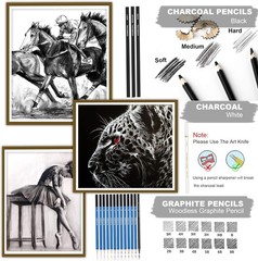 33 Pro Drawing Kit Sketching Pencils Set Portable Zippered Travel Case Charcoal
