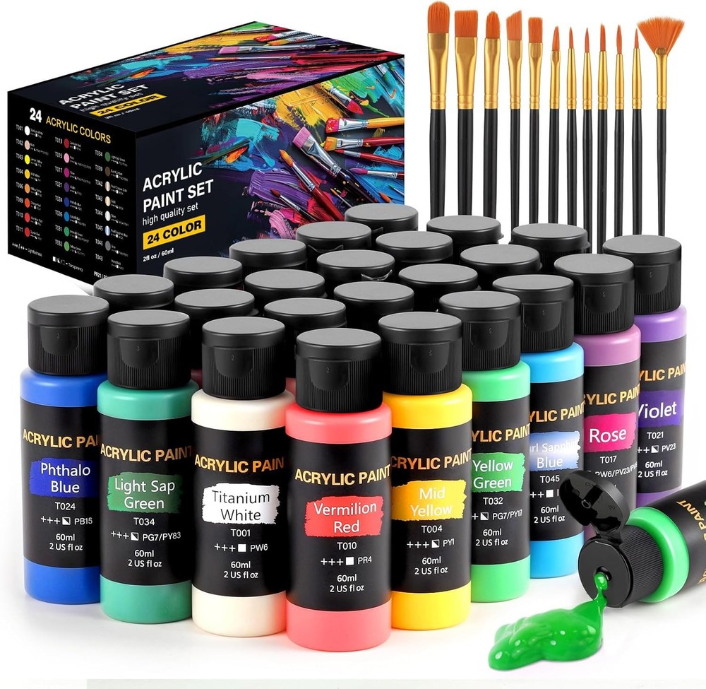 TMOL Acrylic Paint Set 24 Colors 2 oz Bottles 12 Brushes