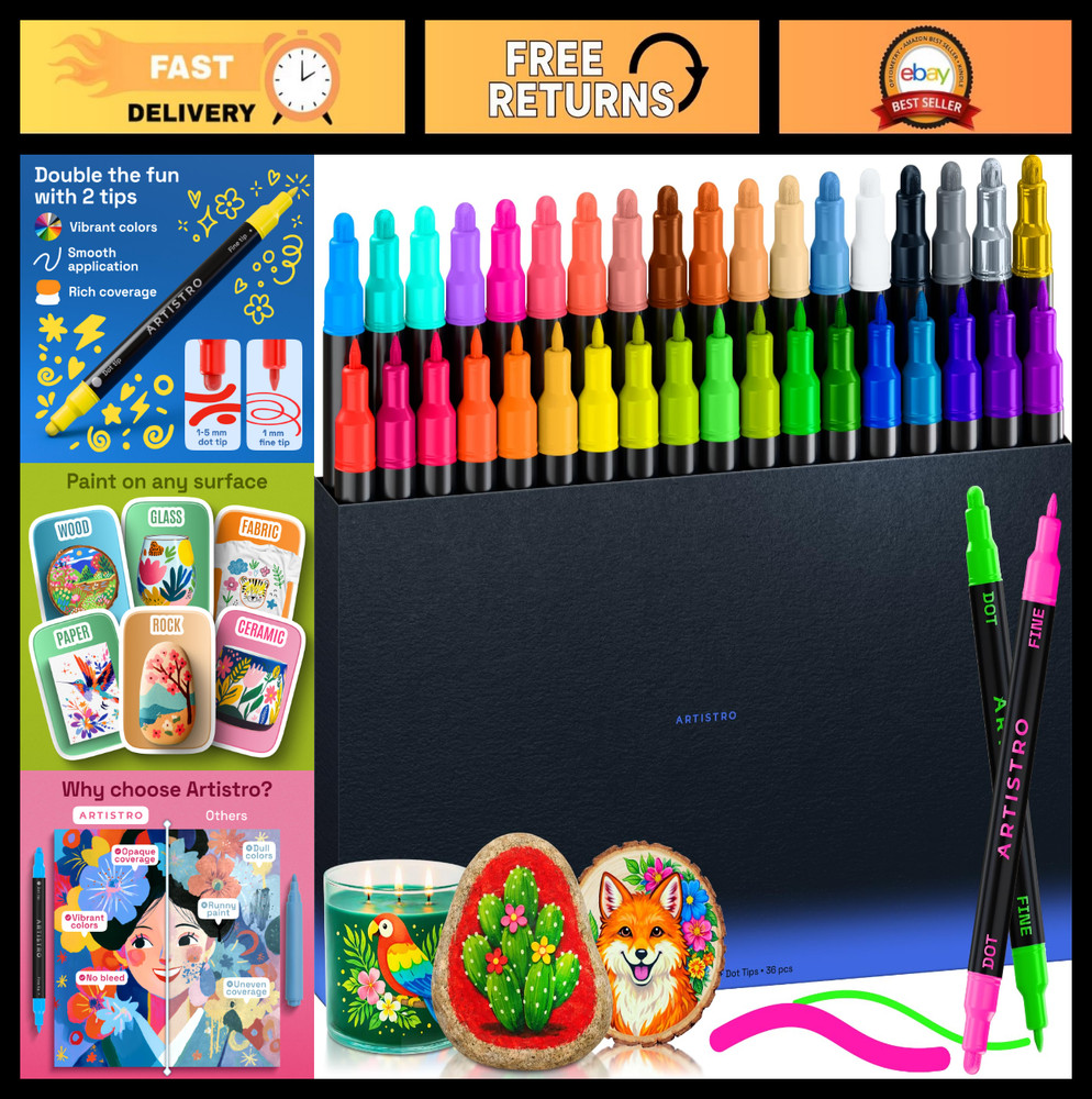 36 Dual Tip Paint Markers Set – Fine & Dot Tips for Fabric, Rock, Glass, Wood –