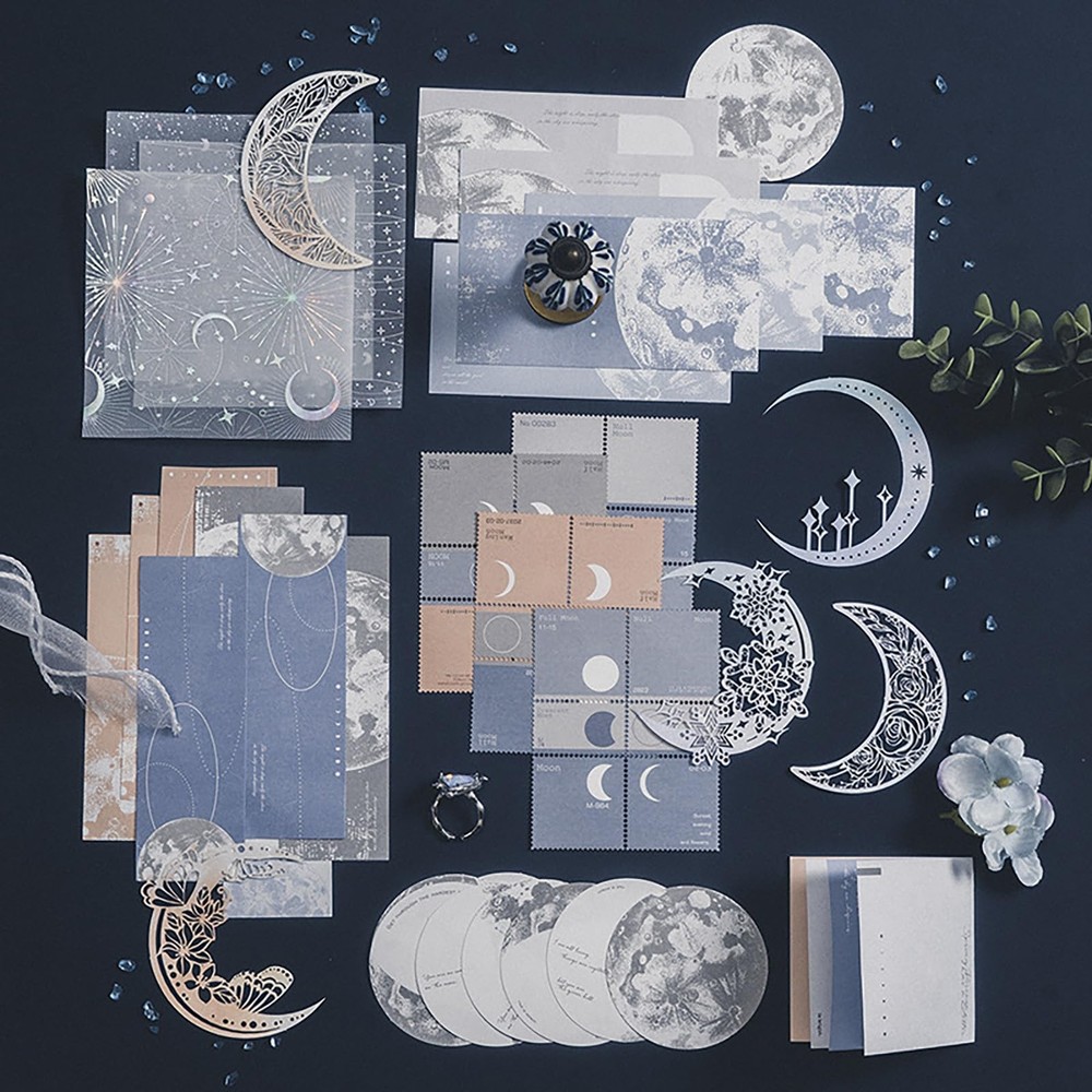Doraking 63PCS Moon Embellishment Scrapbook Paper Packs for Journaling Large