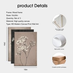 Neutral Floral Wall Art set of 3 Framed Beige Botanical Canvas Prints, Minima…