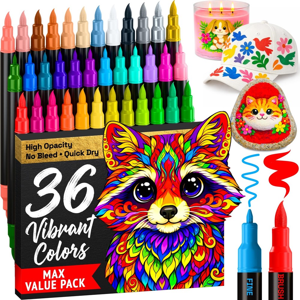 36 Acrylic Paint Markers – Paint Pens for Drawing – For Fabric, Rock, Glass, …