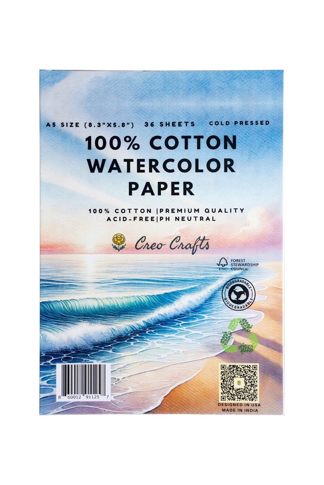 Cotton Watercolor Paper Pad 8×5 A5 36 Sheets Cold Pressed Acid Free Artist Grade