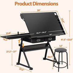 Adjustable Drafting Table with Outlet Artist Drawing Table with Stool Black
