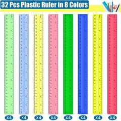 12 Inch Plastic Rulers, 32 PCS Transparent Assorted Color Metric Multicolor