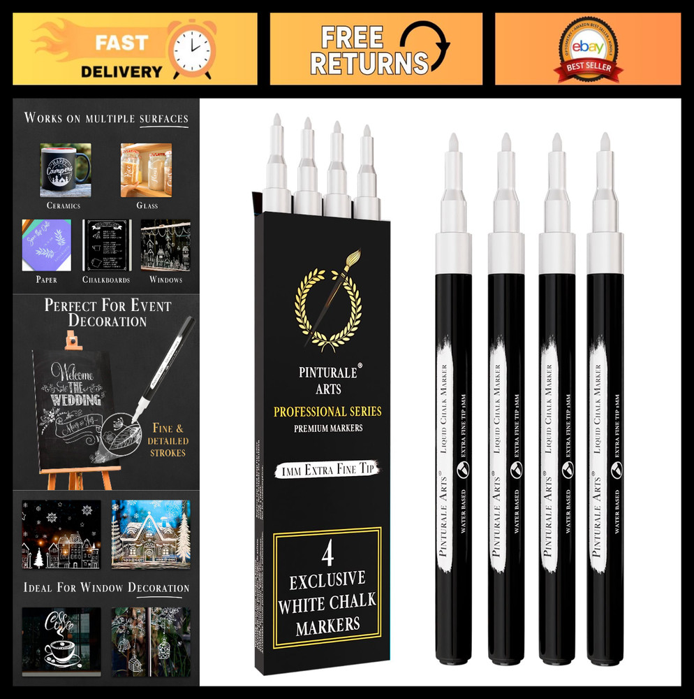Extra Fine Tip White Chalk Markers – 1mm for Windows, Blackboard, Glass, Easy Er