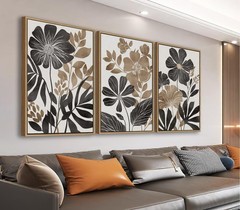 Large Framed Canvas Wall Art – Natural Float Framed Rustic Black Flowers Leav…