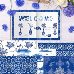 JOINFANXIN Chinese Blue and White Porcelain Scrapbook Paper Pad, 24 Pcs