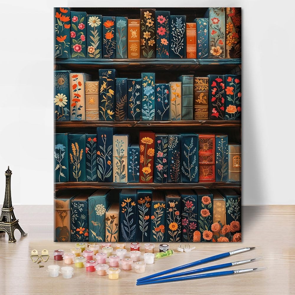 Paint by Numbers Kit for Adults Beginner, Flower and Books Adult Paint by Numb