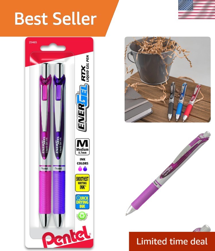 Fast-Drying EnerGel RTX Gel Ink Pens – 0.7mm Medium Lines, 2-Pack in Pink/Violet
