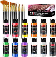 Metallic Iridescent Acrylic Paint Set with 12 Brushes, 12 X 2Oz Metallic Colors,