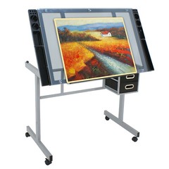 Adjustable Drafting Table Art Desk Drawing Table Glass Tabletop w/2 Slide Drawer