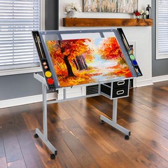 Adjustable Rolling Drawing Drafting Table Tempered Glass Art Craft Work Station
