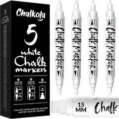 5 White Chalk Markers – Dual Tip, Fine & Jumbo Tip (1Mm, 3Mm, 5Mm, 15Mm) | Erasa