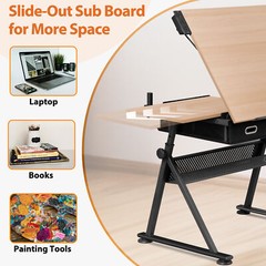 Drafting Drawing Table Tabletop Adjustable Height with Charge Outlet Natural